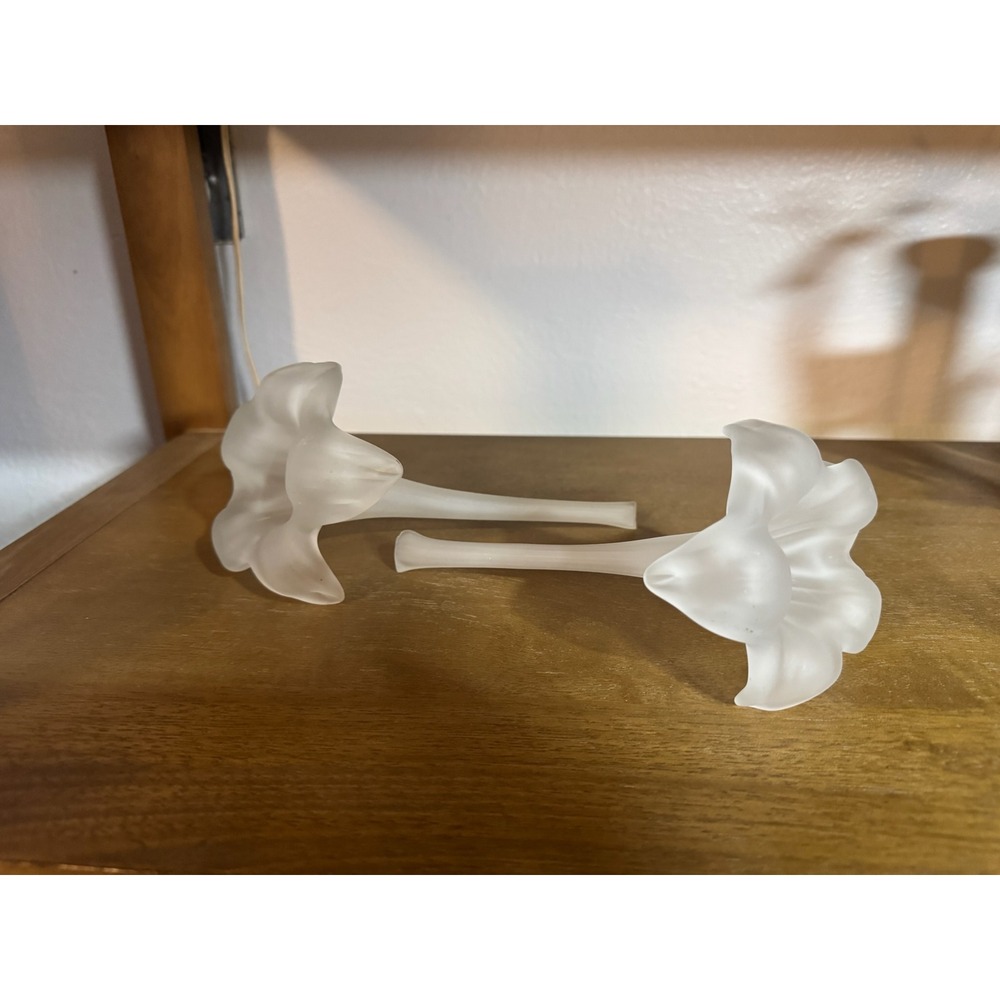 Hand Blown Frosted Glass Flower Candle Holders Set of 2 Lily‎ Trumpet Shape